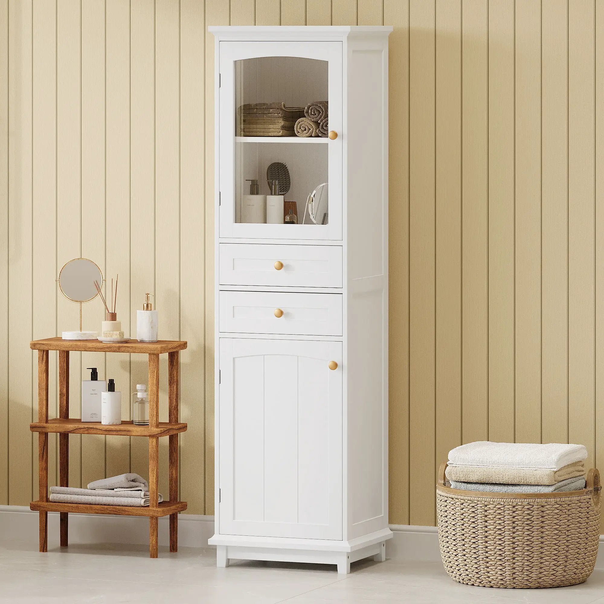 Tall Bathroom Storage Cabinet With Glass Doors, Free-Standing, Two Drawers, And Adjustable Shelves, Board, Painted Perfect For Displaying Your Favorite Items by Unique Piece Furniture