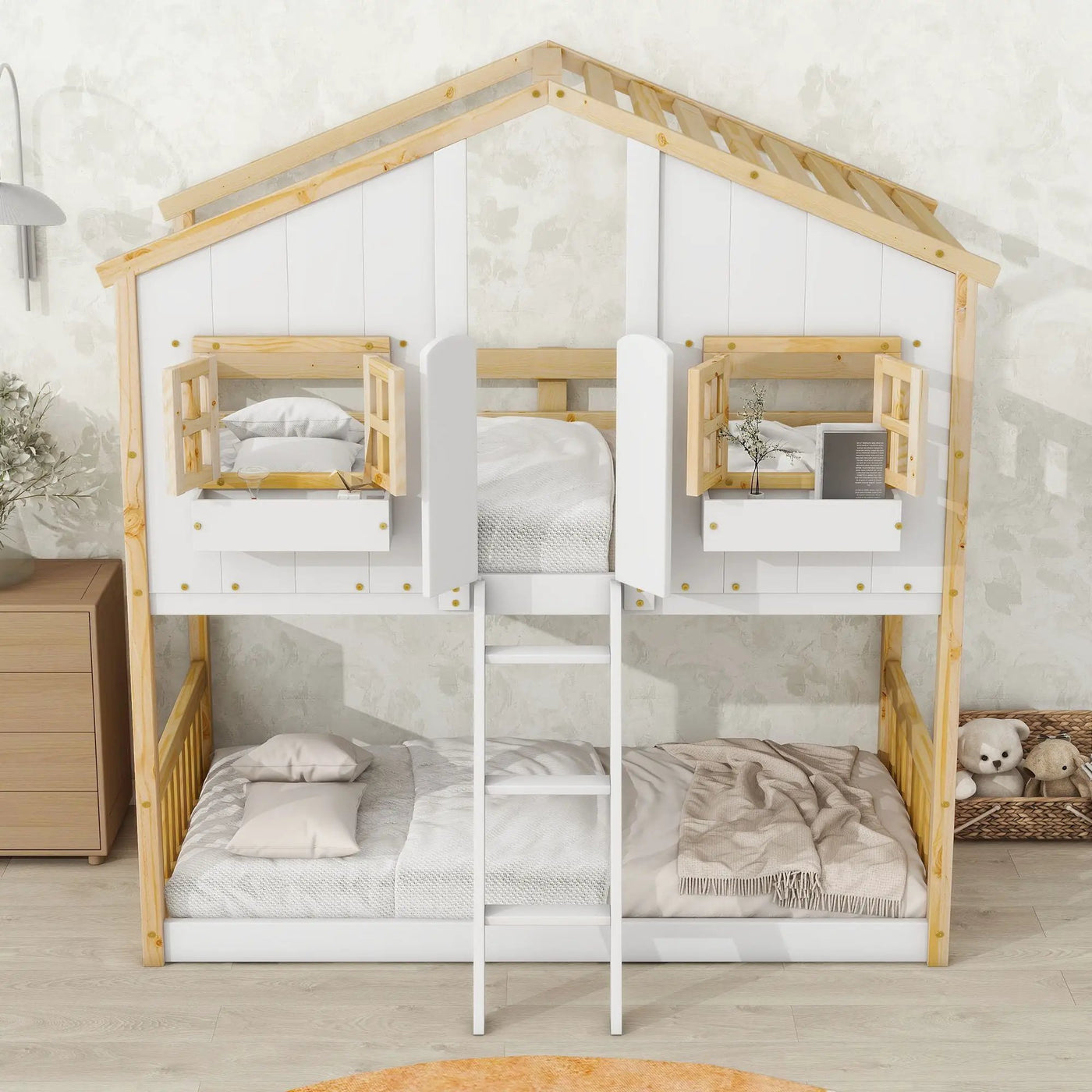 House Bunk Bed With Roof, Window, Window Box, Door, With Safety Guardrails And Ladder by HouseOfZazla