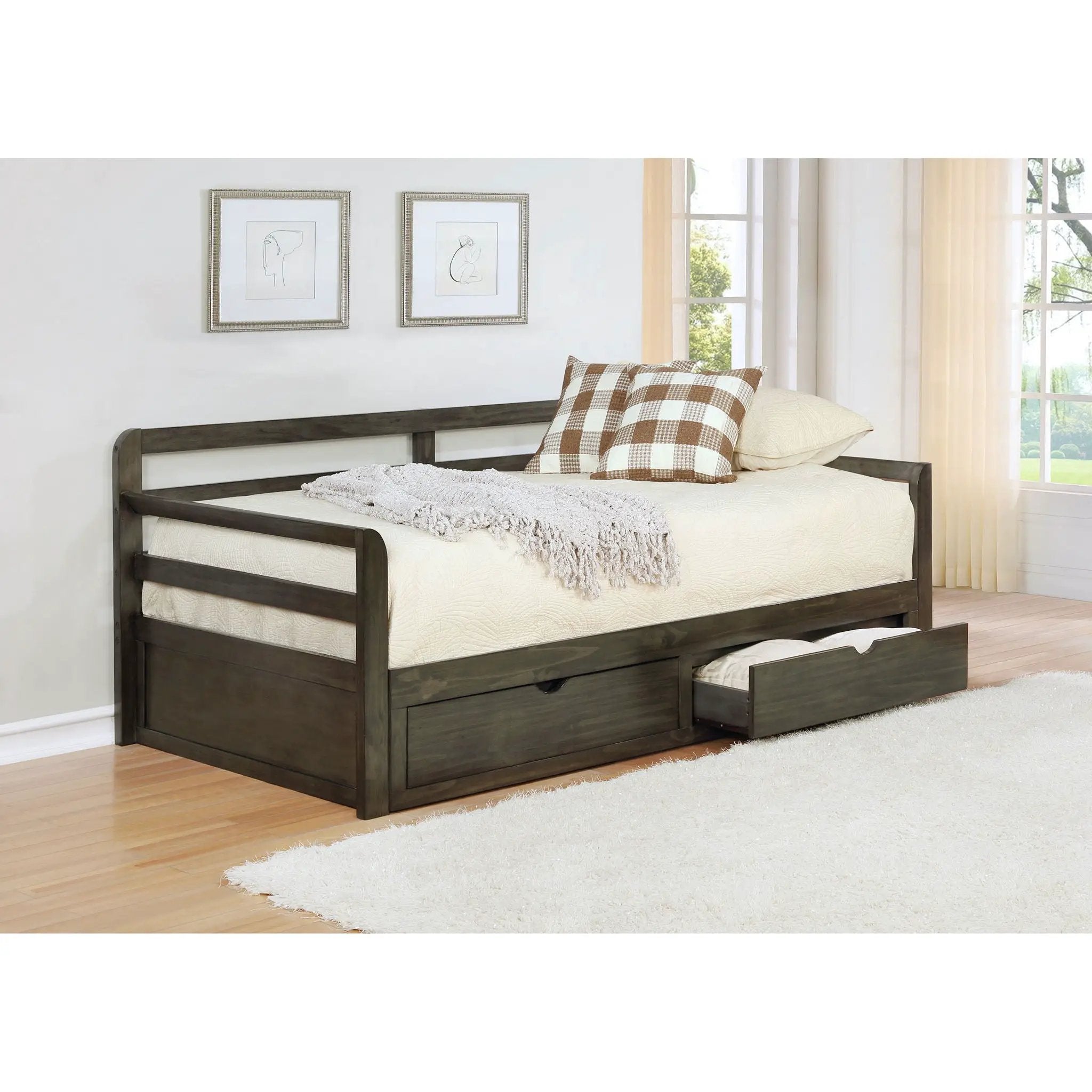 Twin Long 2 Drawer Daybed With Extendable Trundle, Storage Drawers, Fits Standard Mattress - Gray by HouseOfZazla