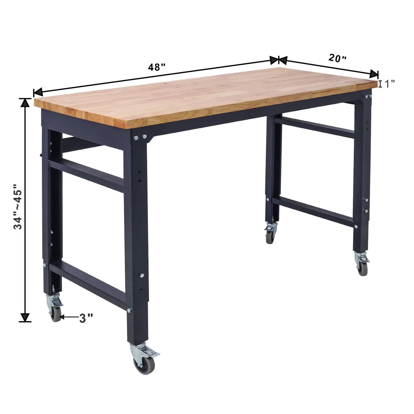 Wide Rolling Workbench For Garage, Adjustable Height, Workshop Tool Bench, Metal With Rubber Wood Top by HouseOfZazla