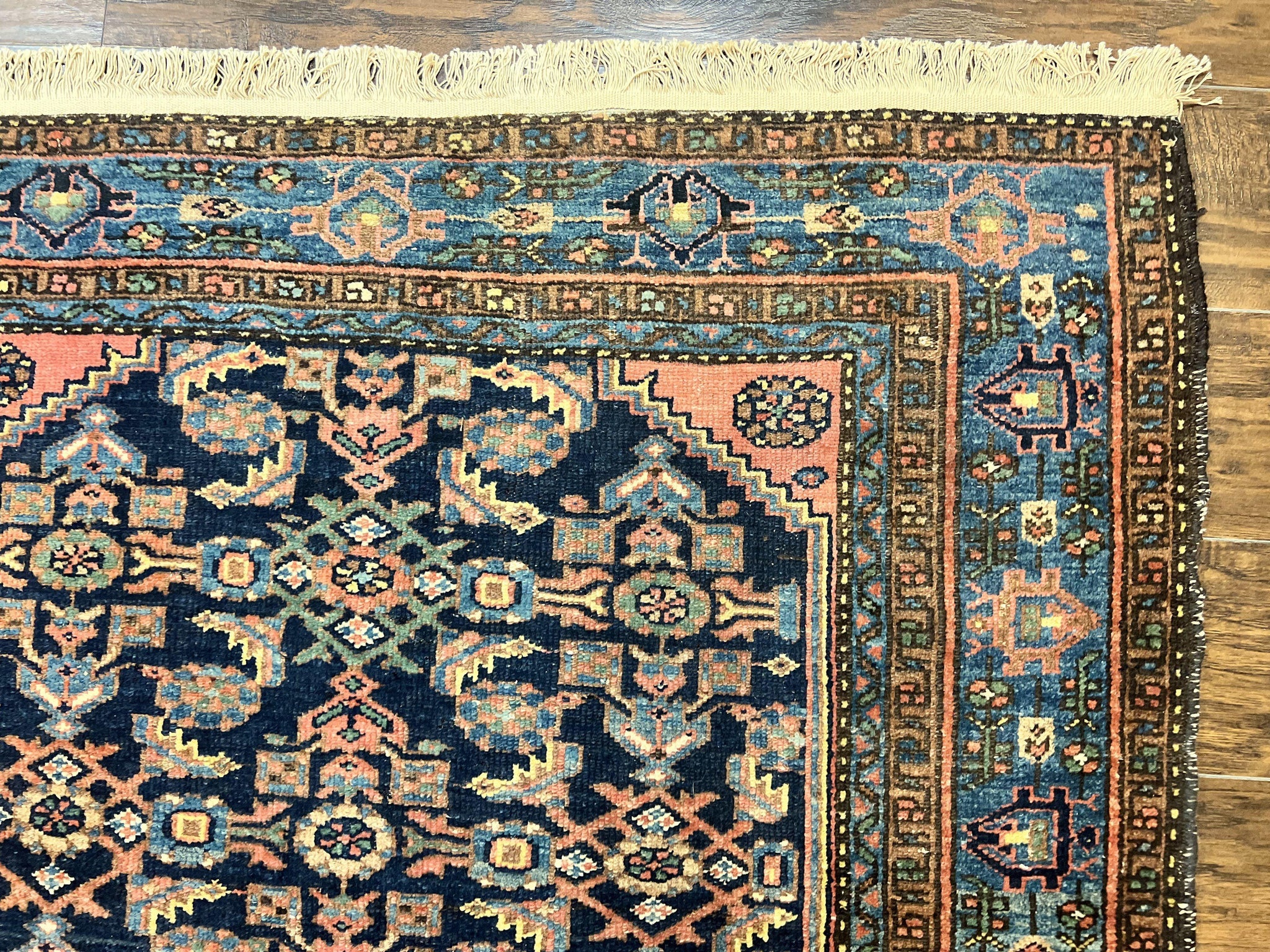 Antique Persian Tribal Rug 5x7, Navy Blue & Pink, Hand Knotted Handmade 1920s Wool Rug, Allover Pattern, Persian Hamadan Rug by Jewel Rugs