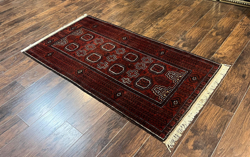 Antique Persian Turkoman Rug 3x6, Wool Tribal Handmade Carpet, Red and Black by Jewel Rugs