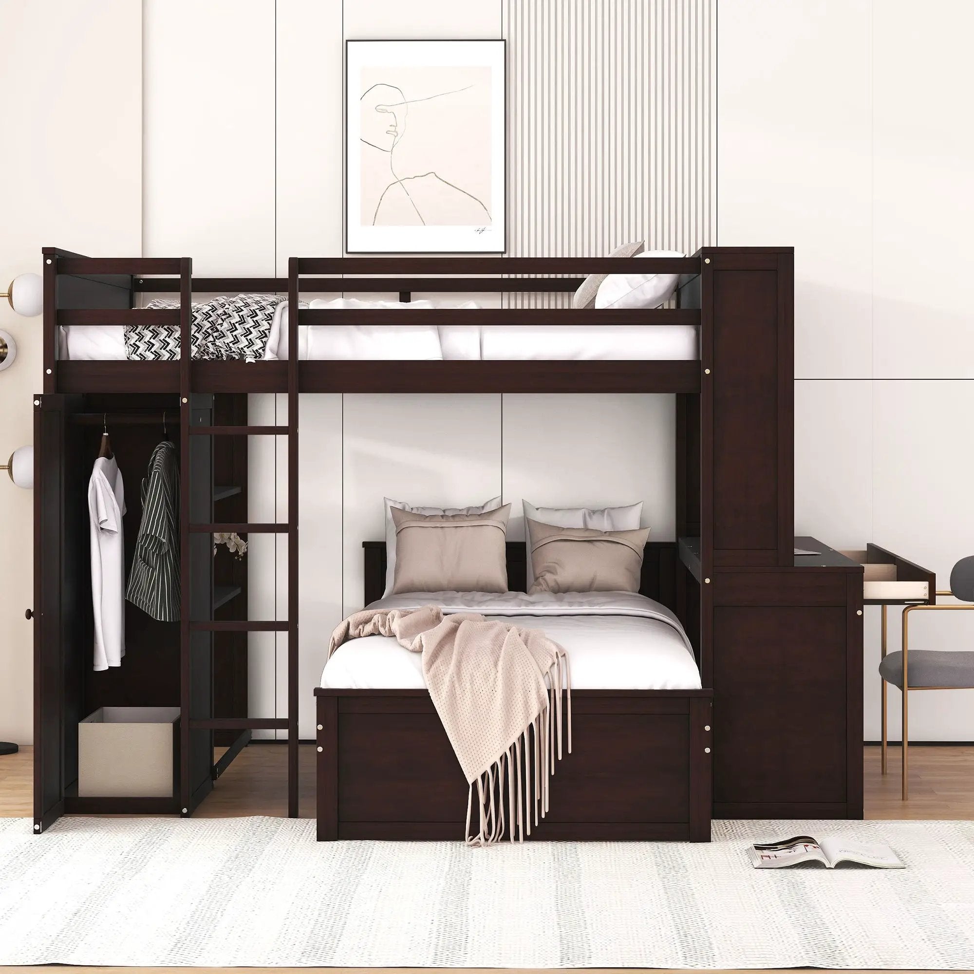 Loft Bed With A Twin Size Standalone Bed, Shelves, Desk, And Wardrobe by HouseOfZazla