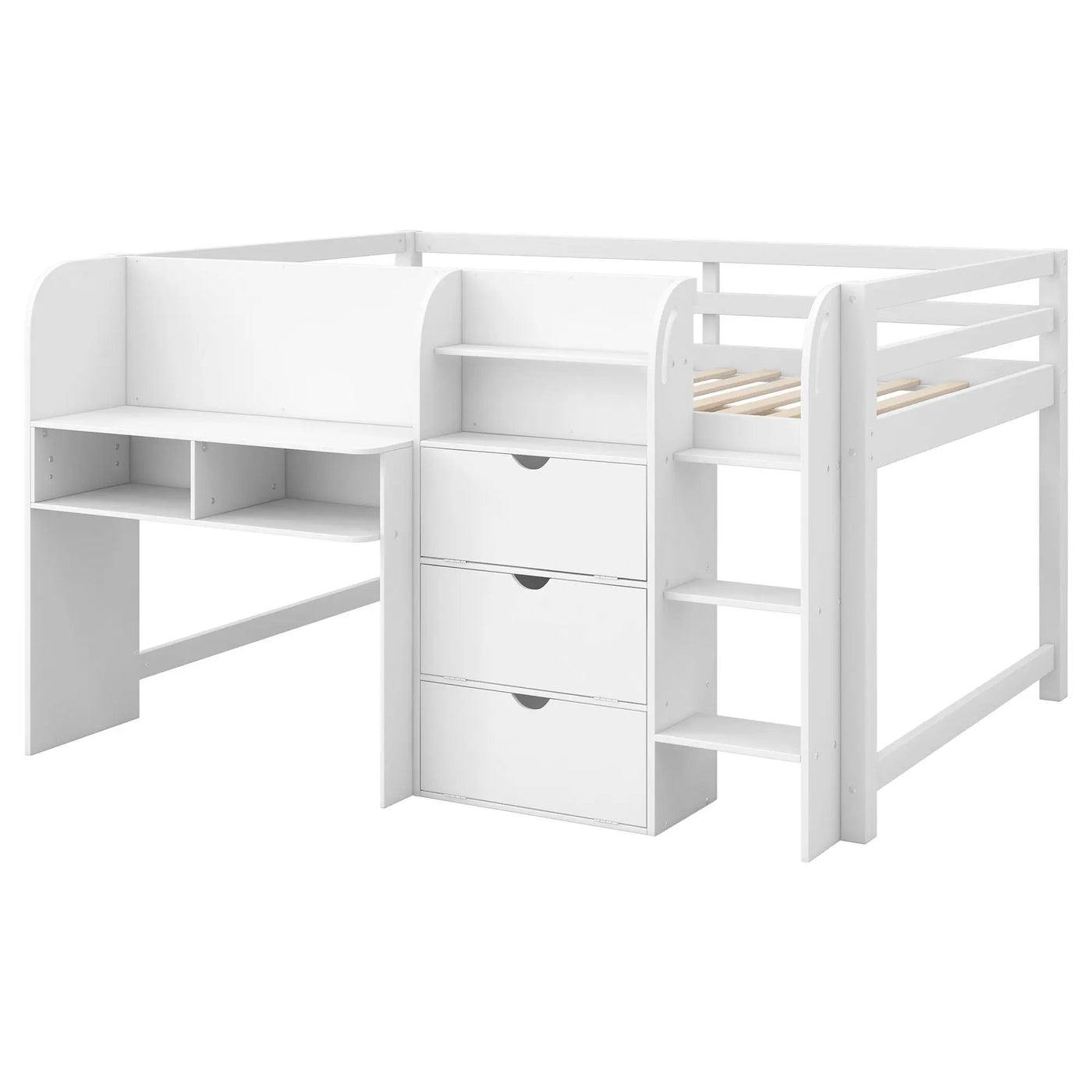 Low Loft Bed With Built In Desk, Storage Cabinets, Open Bookcase And Doodle board by HouseOfZazla