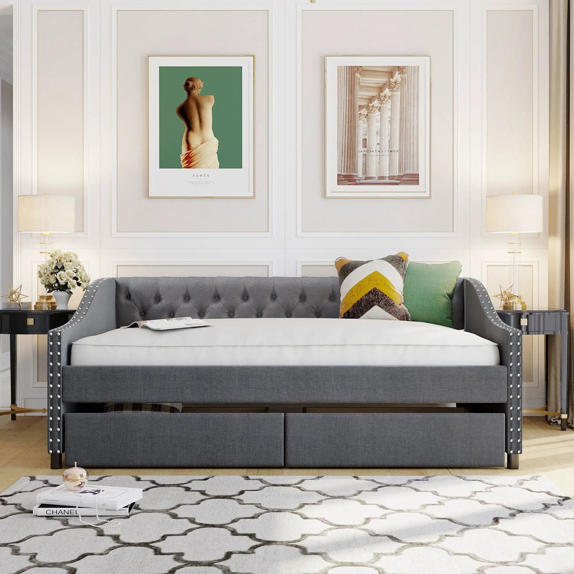 Upholstered Daybed With Two Drawers, Wood Slat Support by Unique Piece Furniture