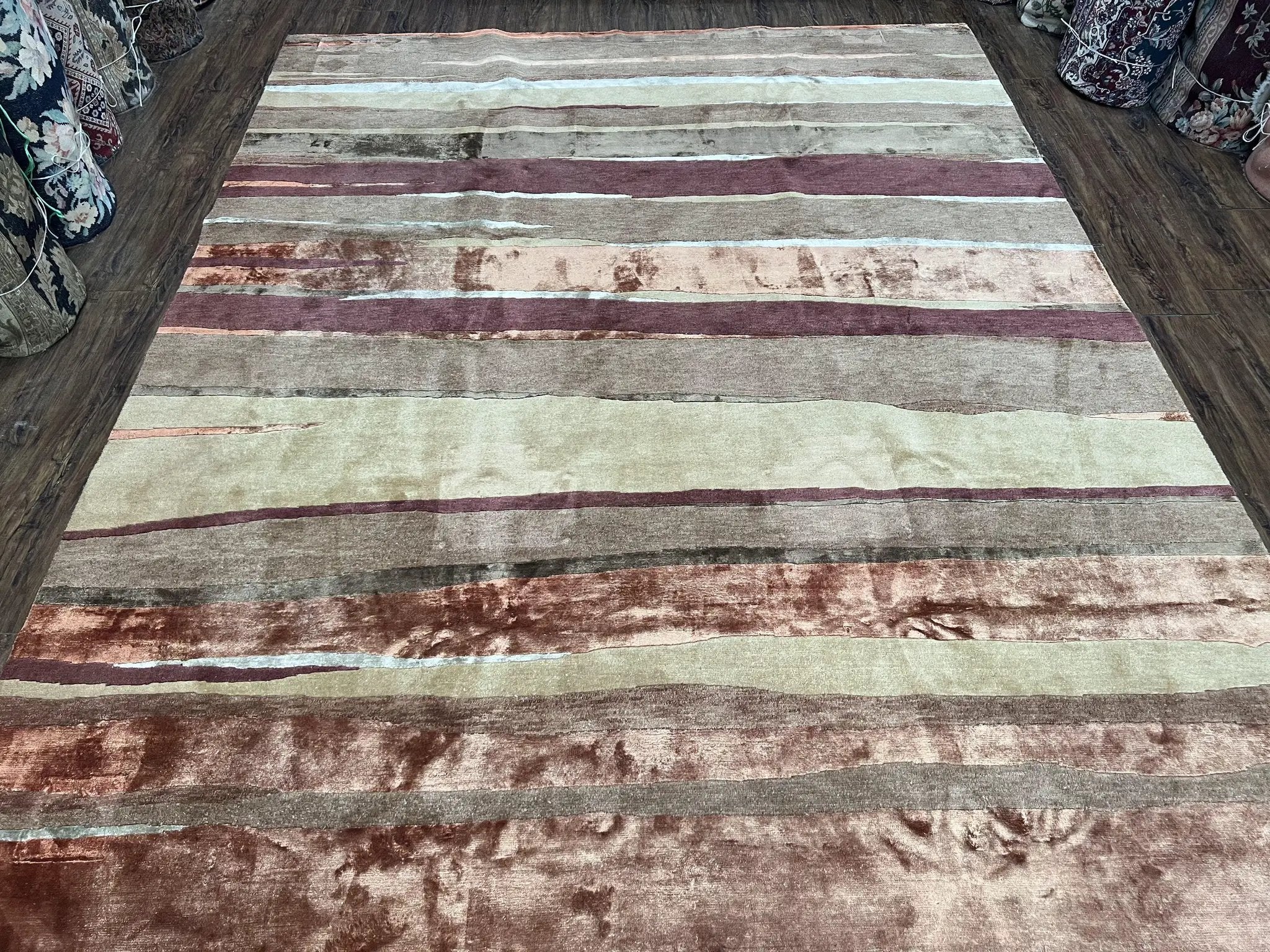 Modern Tibetan Rug 8x11 Nepali Carpet, Shiny Velvely Soft Wool and Silk, Contemporary Hand Knotted Rug, Striped Design, Wool Area Rug 8 x 11 by Jewel Rugs