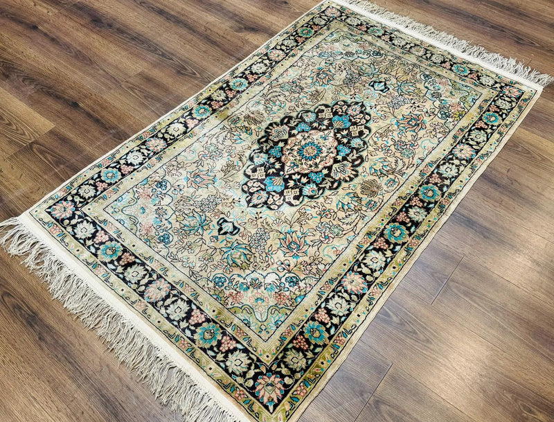 Indian Kashmiri Silk Rug 3x5, Floral Medallion, Fine 200 KPSI by Jewel Rugs