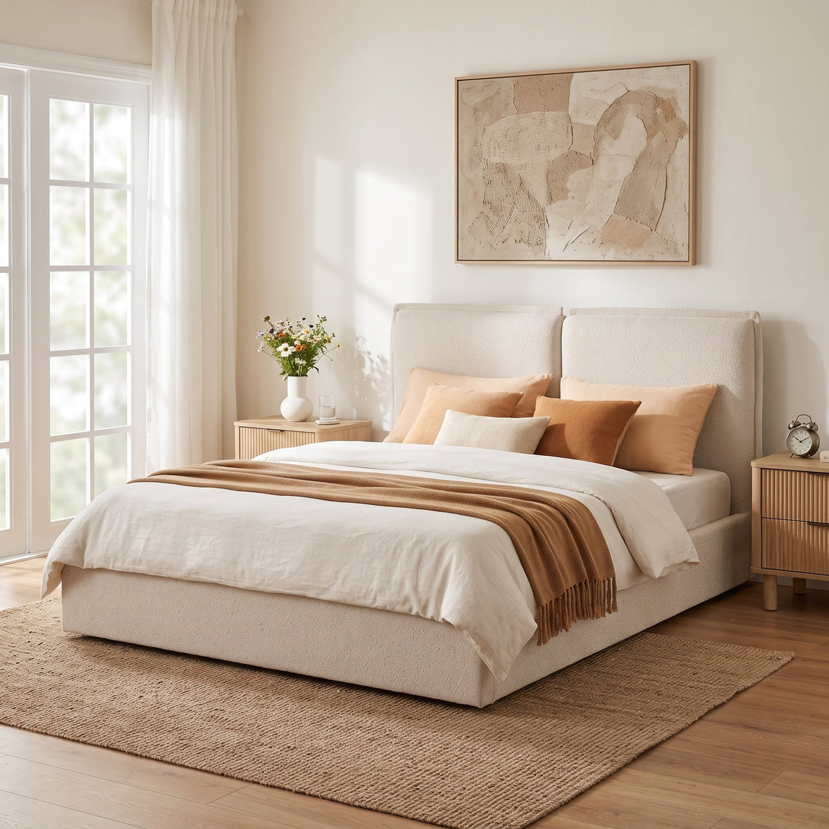 Double-Pillow Upholstered Bed with Skin-Friendly Fabric - Beige or Beige+Cream