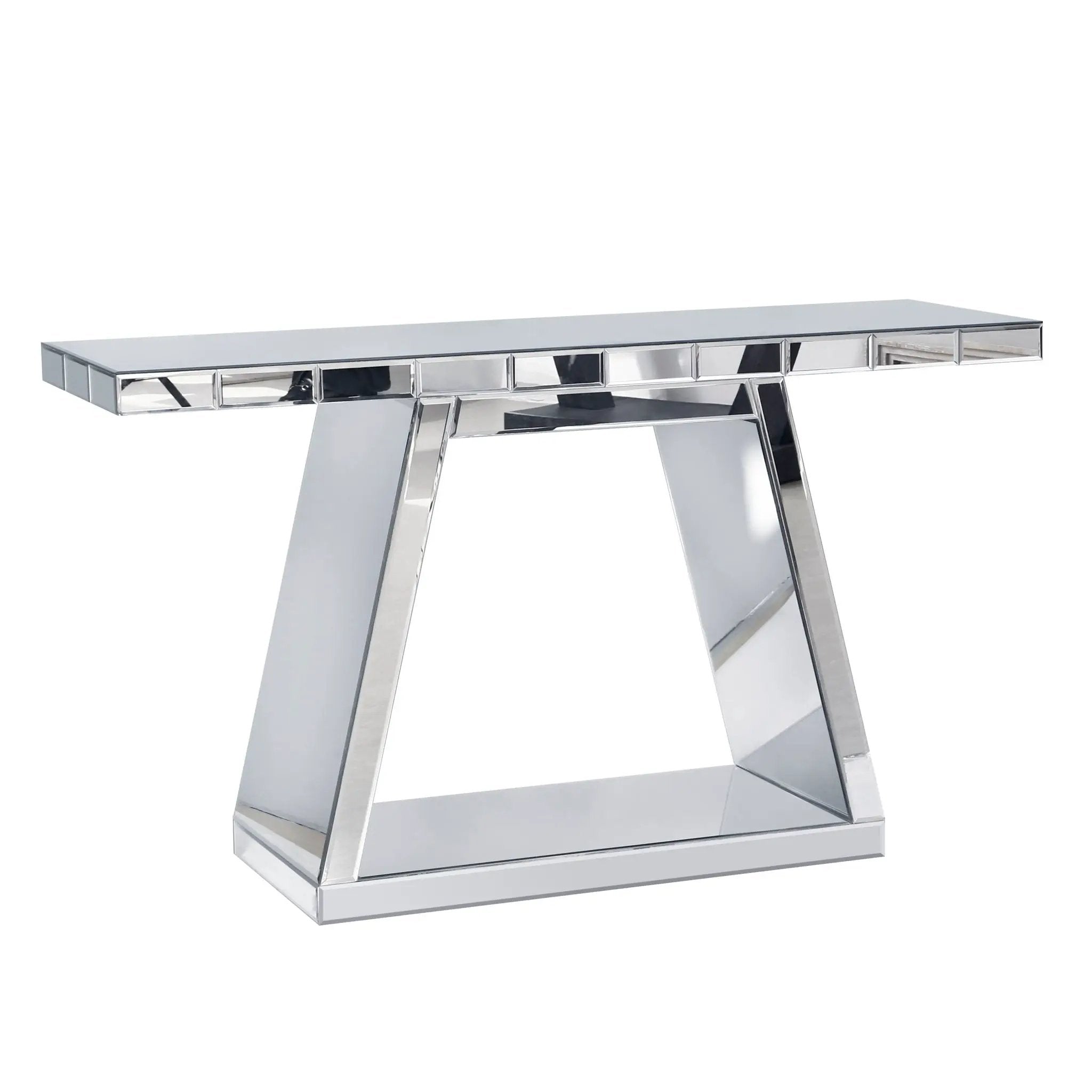 Modern Luxe Full Body Mirror Entryway Table With Trapezoid Base, 360° Reflective Console, Scratch Resistant, Open Storage - Silver by Unique Piece Furniture