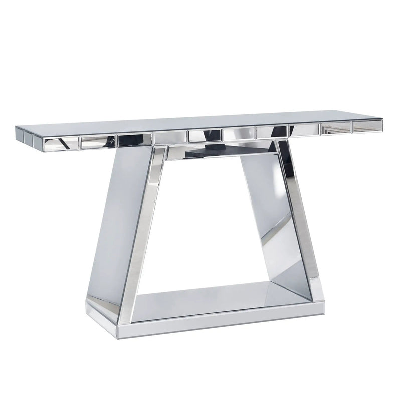 Modern Luxe Full Body Mirror Entryway Table With Trapezoid Base, 360° Reflective Console, Scratch Resistant, Open Storage - Silver by Unique Piece Furniture