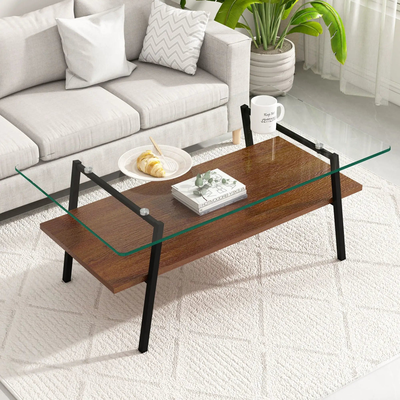 Rectangle Coffee Table, Tempered Glass Tabletop With Metal Legs, Modern Table For Living Room by HouseOfZazla