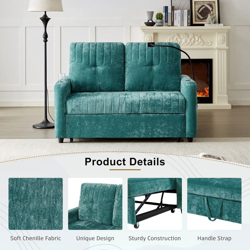 Modern Loveseat Pull Out Sofa Bed With Adjustable Backrest, Two Cup Holders, A Phone Holder, Three Charging Ports And Side Storage Pockets For Living Room by HouseOfZazla