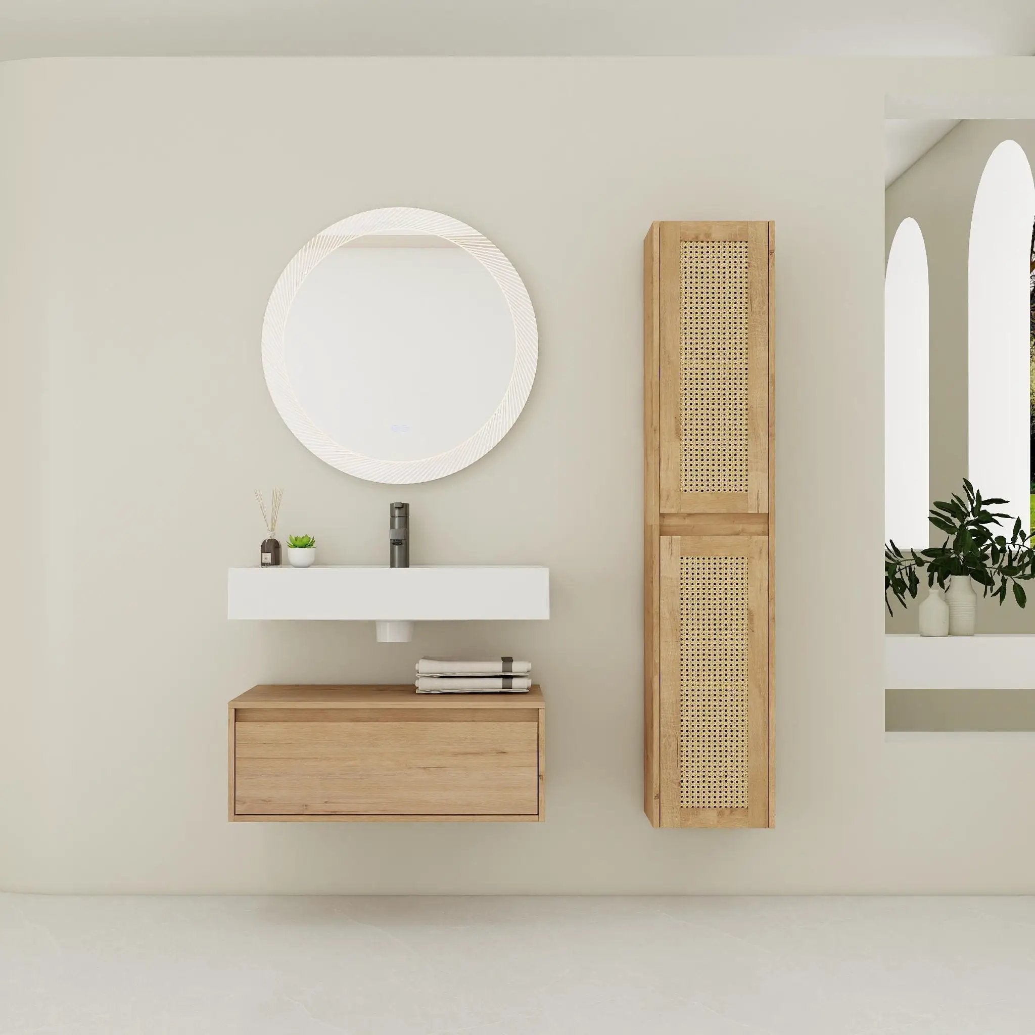 Modern Imitative Wall Mounted Bathroom Vanity With Resin Sink & 2 Side Cabinet, Soft Close Drawer - Imitative Oak by HouseOfZazla