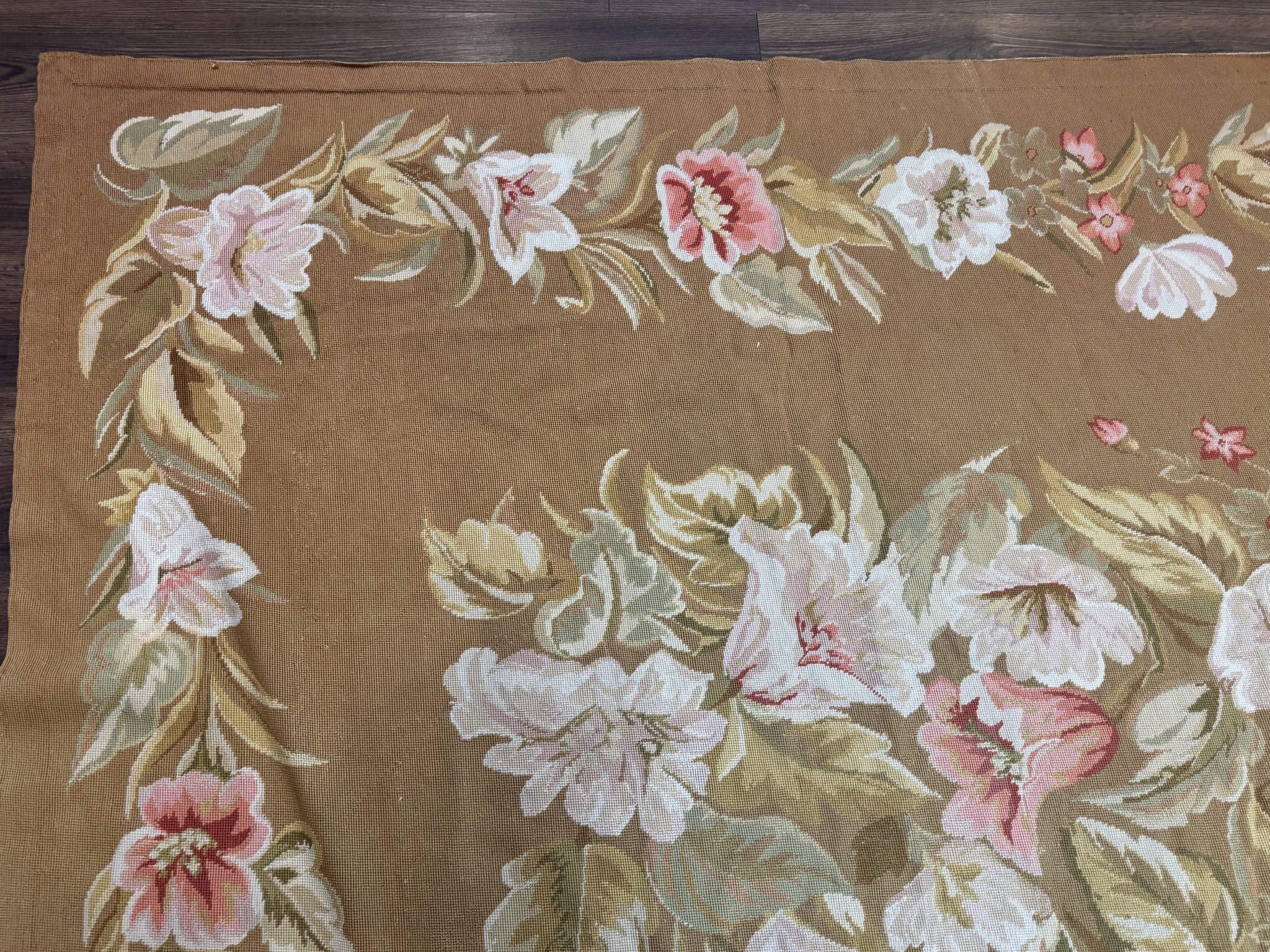 Large Needlepoint Rug 11x14, Vintage Floral Wool Carpet, Caramel by Jewel Rugs