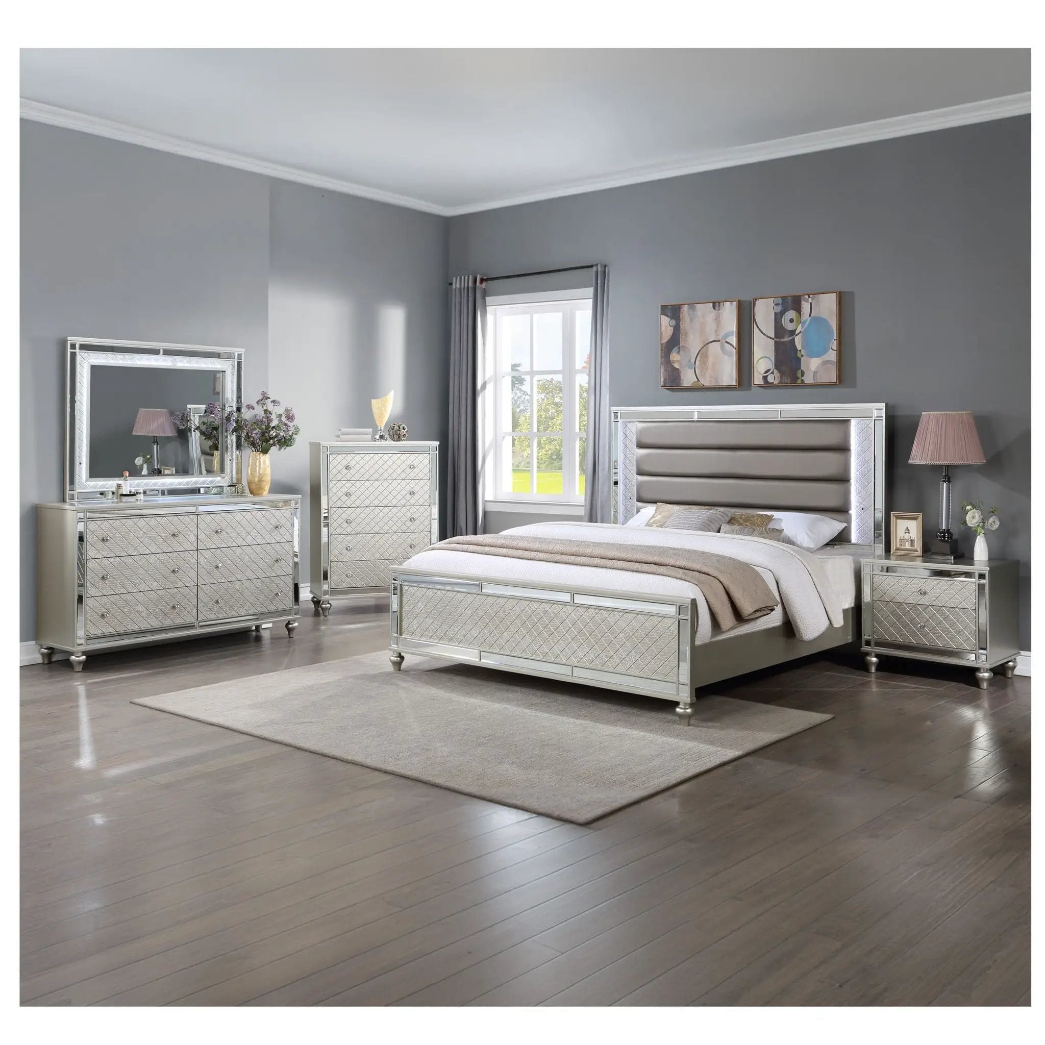 5 Drawer Bedroom Chest With Diamond Patterned Fronts - Silver by HouseOfZazla