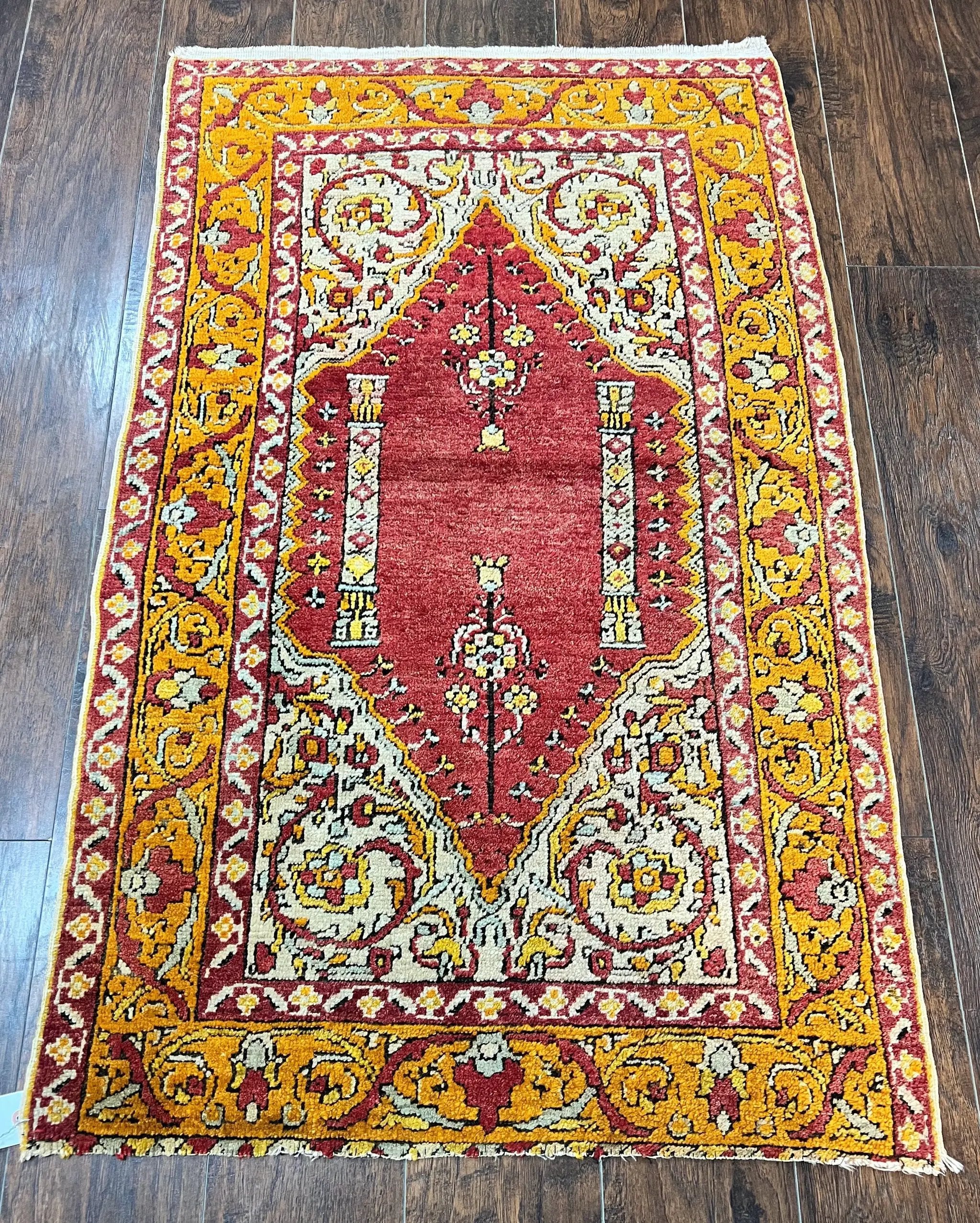Antique Turkish Prayer Rug 3x5, Hand Knotted Turkish Melas Oushak Wool Carpet, Mehrab Rug, Orange & Red Vintage Rug 3 x 5 Collectible by Jewel Rugs