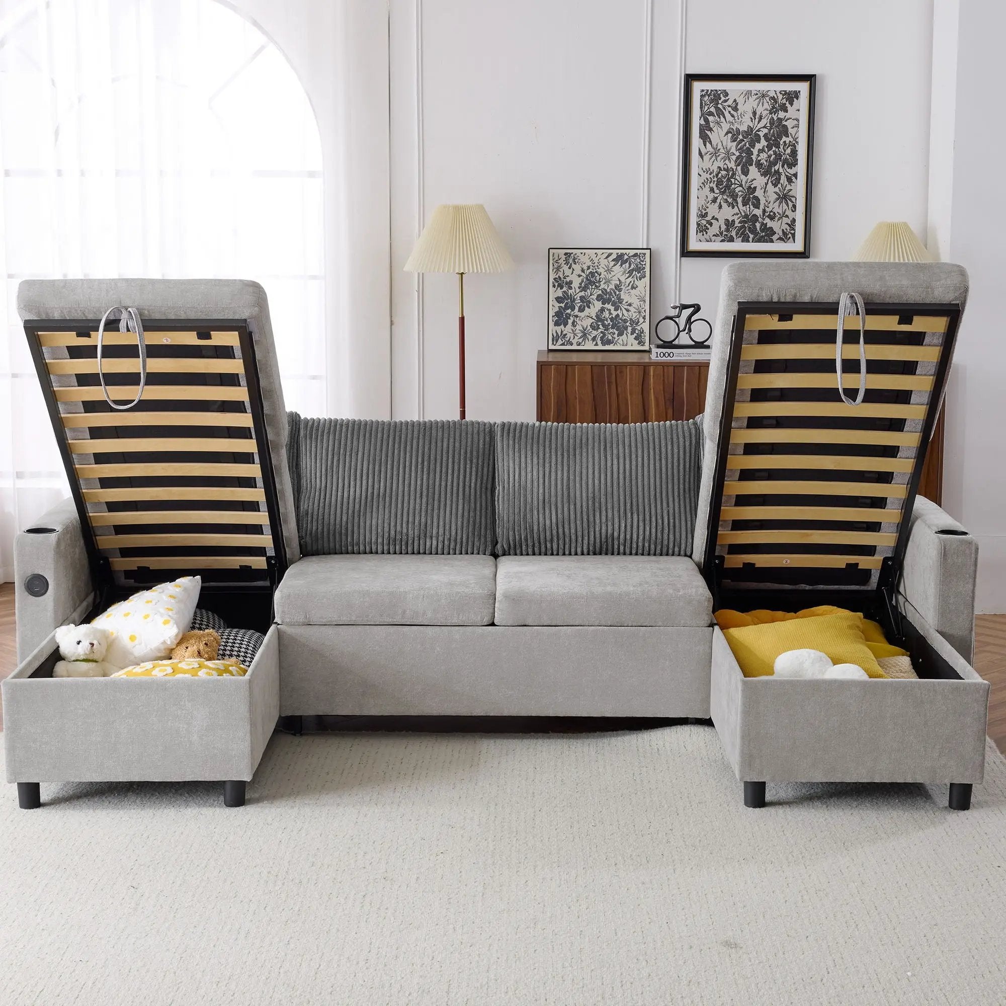 Sectional Sofa Bed With Pull Out Sleeper, USB Ports, Cup Holders by HouseOfZazla