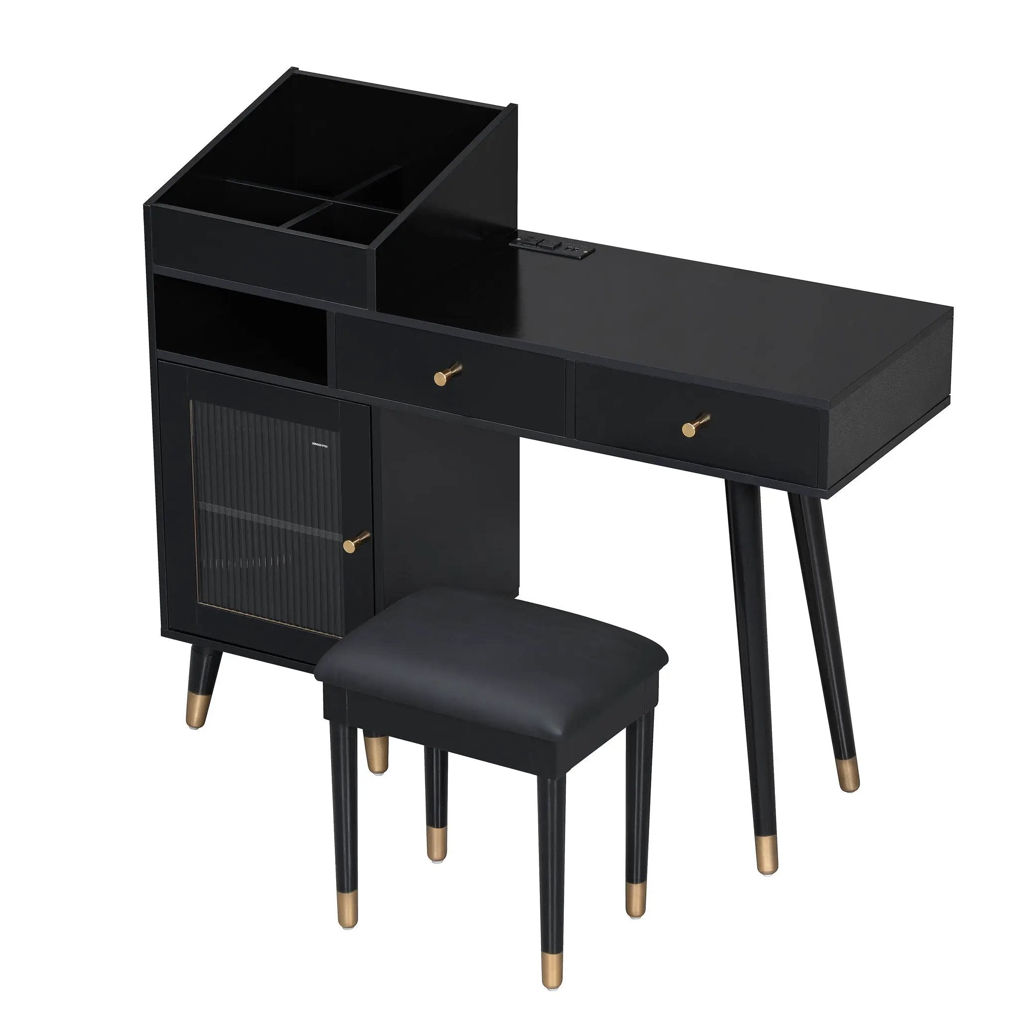 Modern Makeup Vanity Desk With Drawers Cabinet & Charging Port Engineered Wood Space Saving Design For Small Places - Black by Unique Piece Furniture