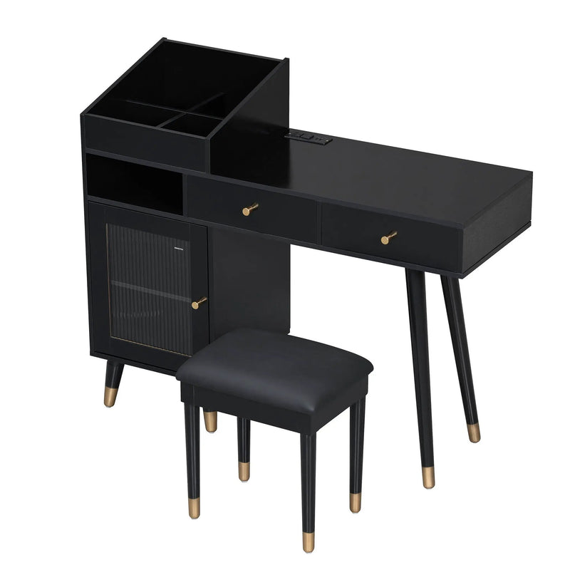 Modern Makeup Vanity Desk With Drawers Cabinet & Charging Port Engineered Wood Space Saving Design For Small Places - Black by HouseOfZazla