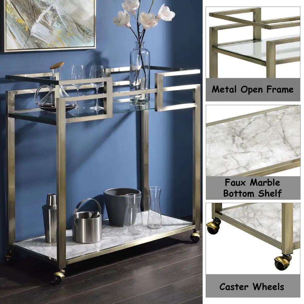 Neilo - Serving Cart - Clear Glass, Faux Marble Top & Wire Brass by Unique Piece Furniture