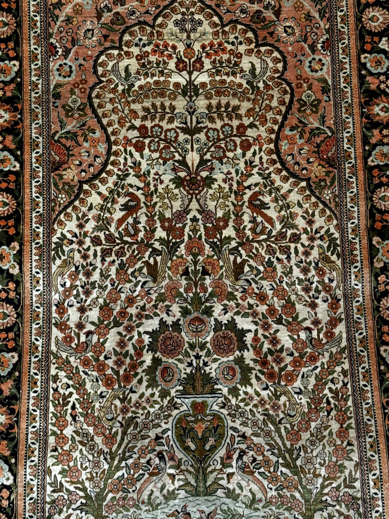 Exceptional Silk Rug 2.6 x 4, Very Fine 630 KPSI, Persian Vase Tree of Life Bird Pictorials, Handmade by Jewel Rugs