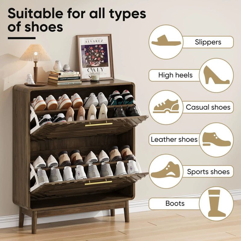 Freestanding Shoe Cabinet With 2 Flip Top Drawers For Entryway - Walnut by HouseOfZazla