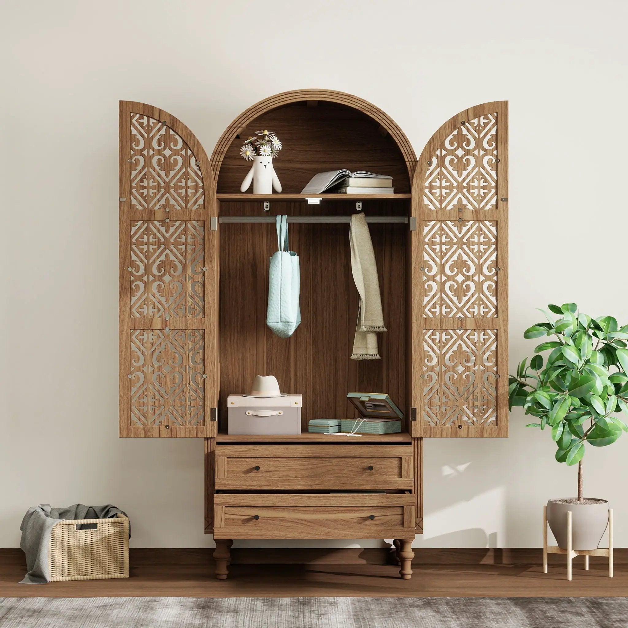 Tall Kitchen Pantry Cabinet With Hollow Carved Doors 2 Drawers And Adjustable Shelves Storage Display Cabinet For Kitchen Dining Room Or Living Room - Walnut by Unique Piece Furniture