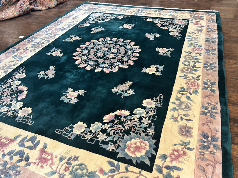 Chinese Art Deco Rug 9x12, Wool Hand Knotted Vintage Carpet, Dark Green & Cream, 90 Line Carving Rug by Jewel Rugs
