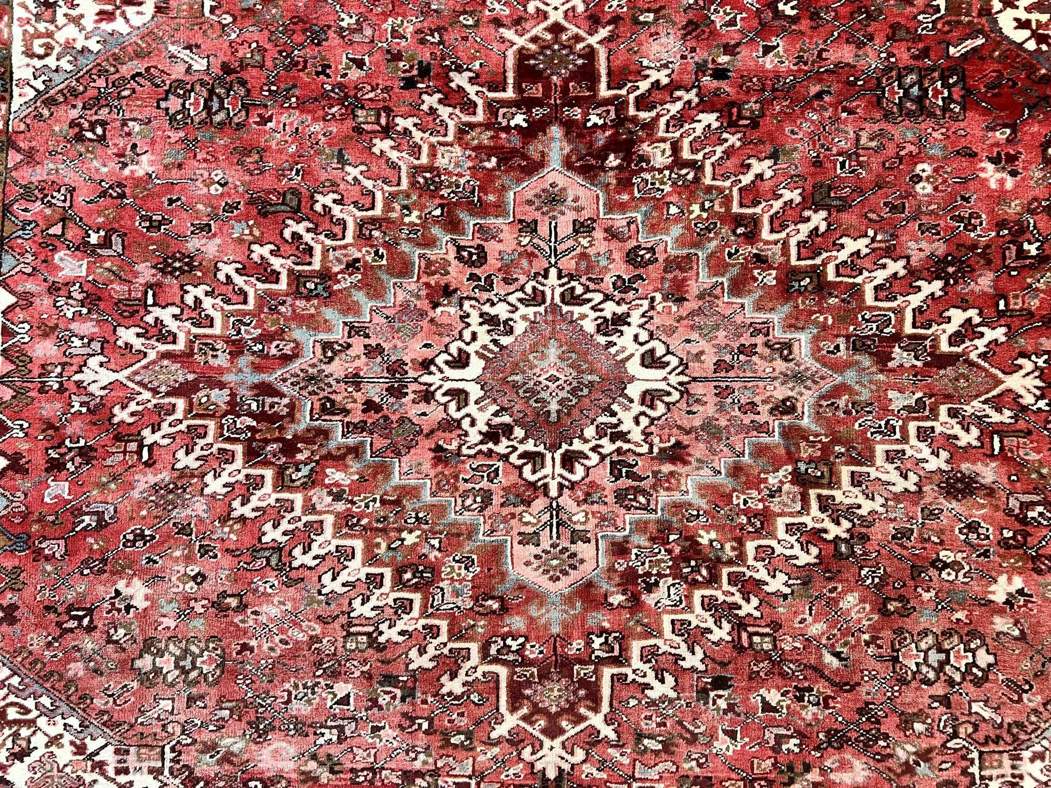 Large Persian Heriz Rug 10x13, Red and Cream Geometric Tribal Room Sized Handmade Wool Hand Knotted Semi Antique Decorative Oriental Carpet by Jewel Rugs