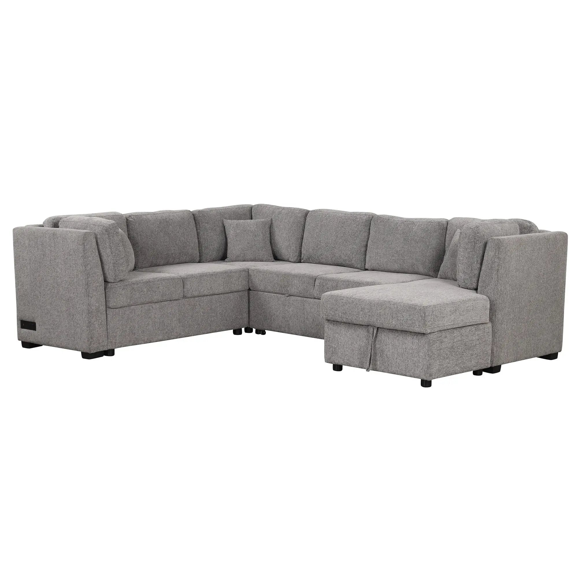 U-Shaped Sectional Sofa Pull Out Sofa Bed With Two USB Ports, Two Power Sockets, Three Back Pillows And A Storage Chaise For Living Room by HouseOfZazla