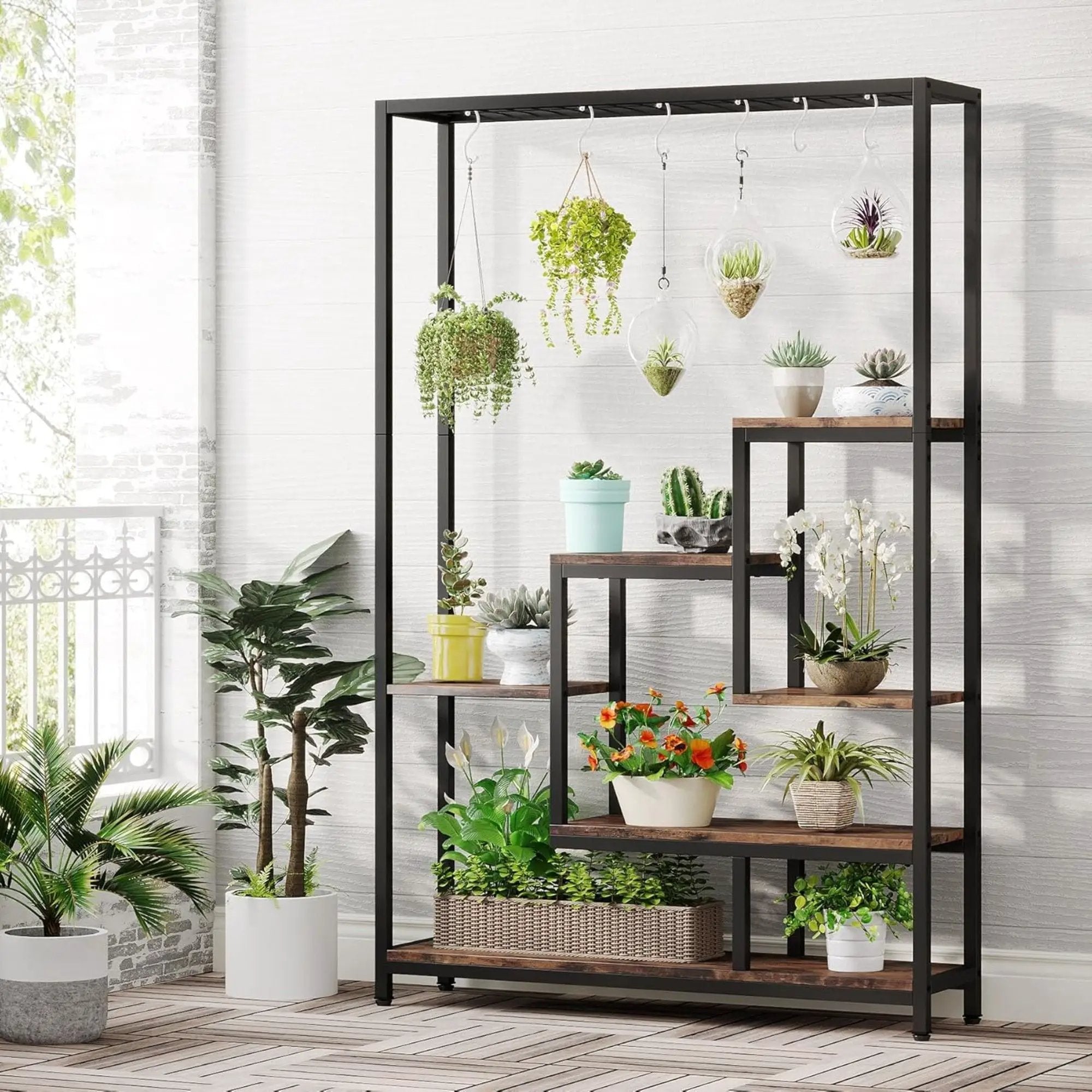 5 Tier Plant Stand With 6 Hooks For Living Room - Brown / Black by HouseOfZazla