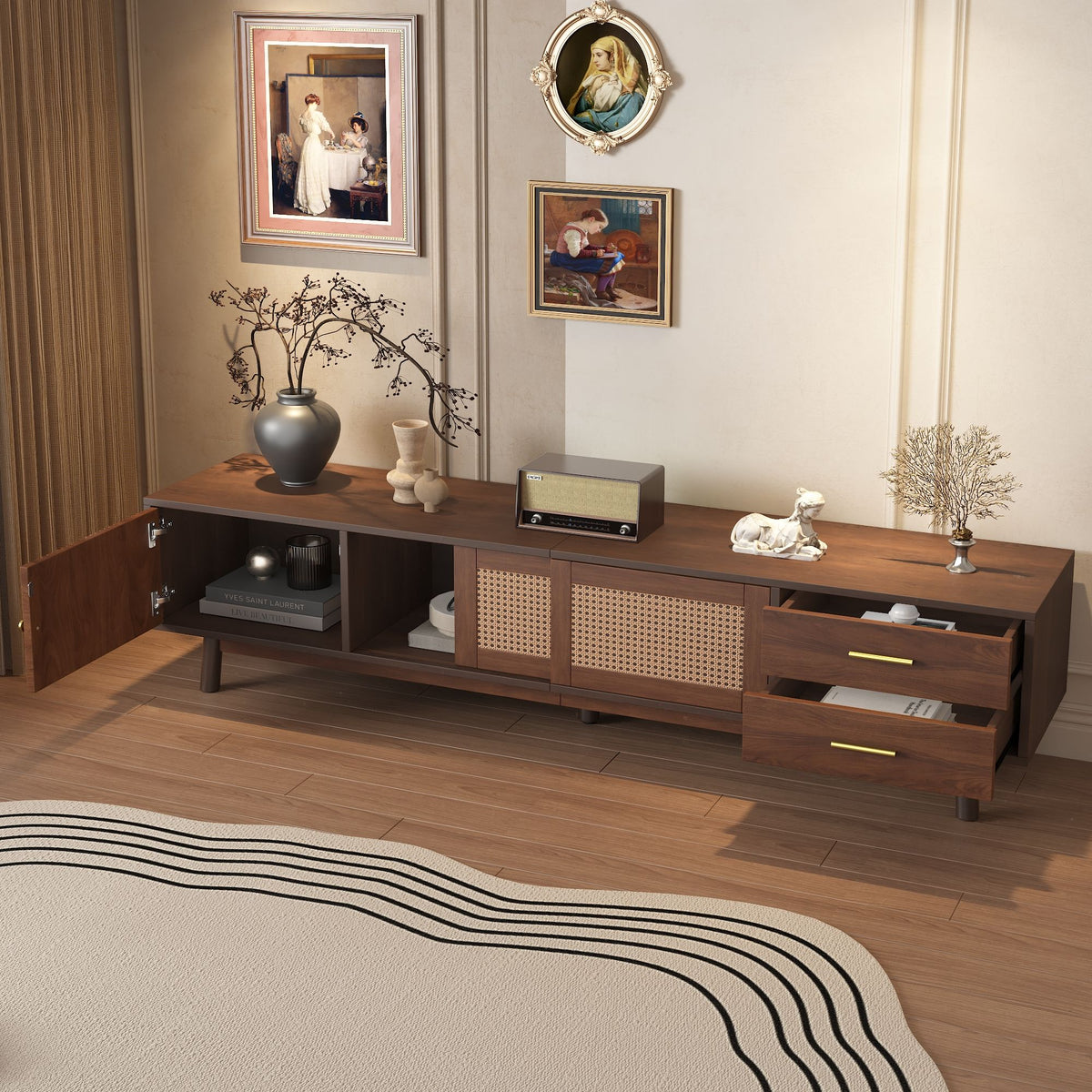 TV Stand for 80" TVs with Sliding Doors and Drawers - Dark Brown, photo 4 of 14