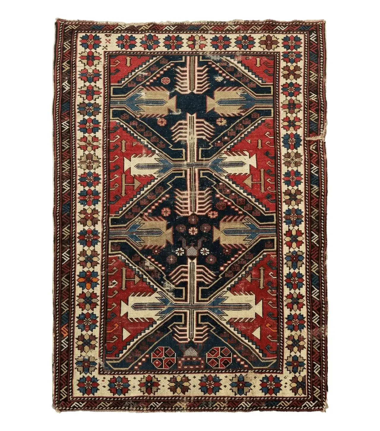 Antique Shirvan Caucasian Rug 3x5, Geometric Pattern, Red Navy Blue Beige by Jewel Rugs