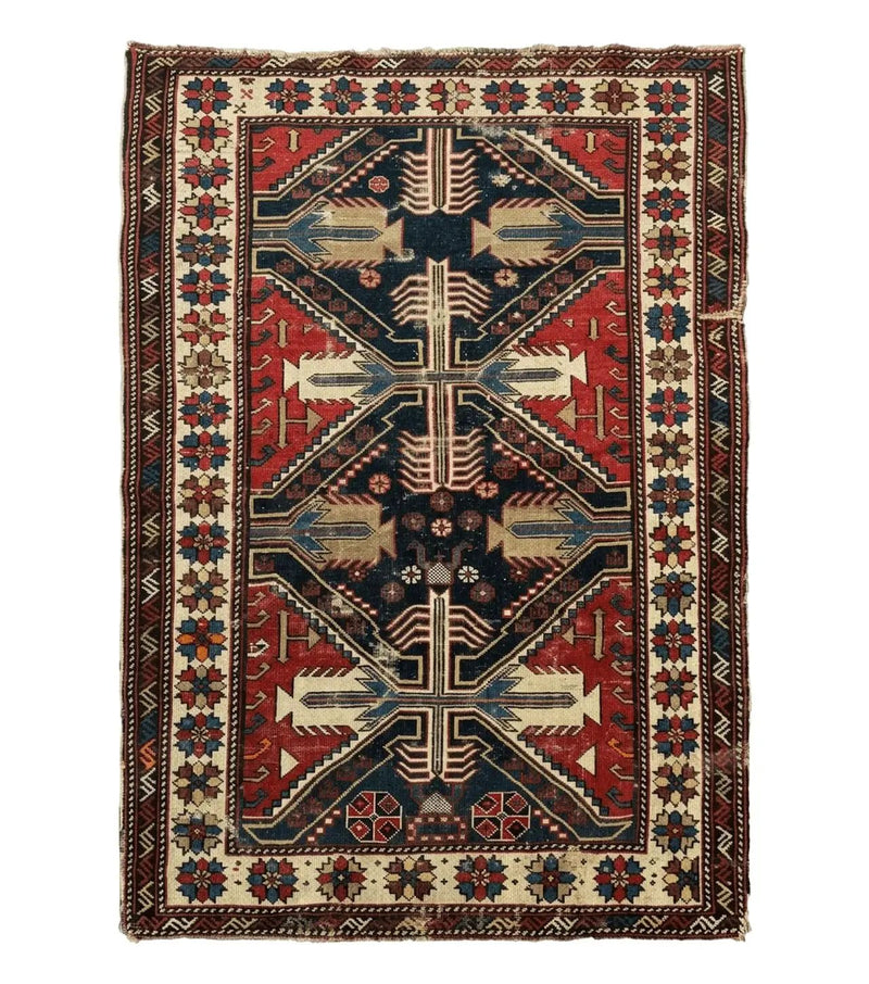 Antique Shirvan Caucasian Rug 3x5, Geometric Pattern, Red Navy Blue Beige by Jewel Rugs