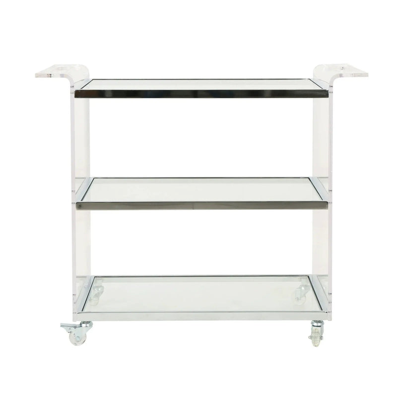 Elegant Acrylic Bar Cart With Tempered Glass Shelves And Rattan Metal Frame - Clear by HouseOfZazla