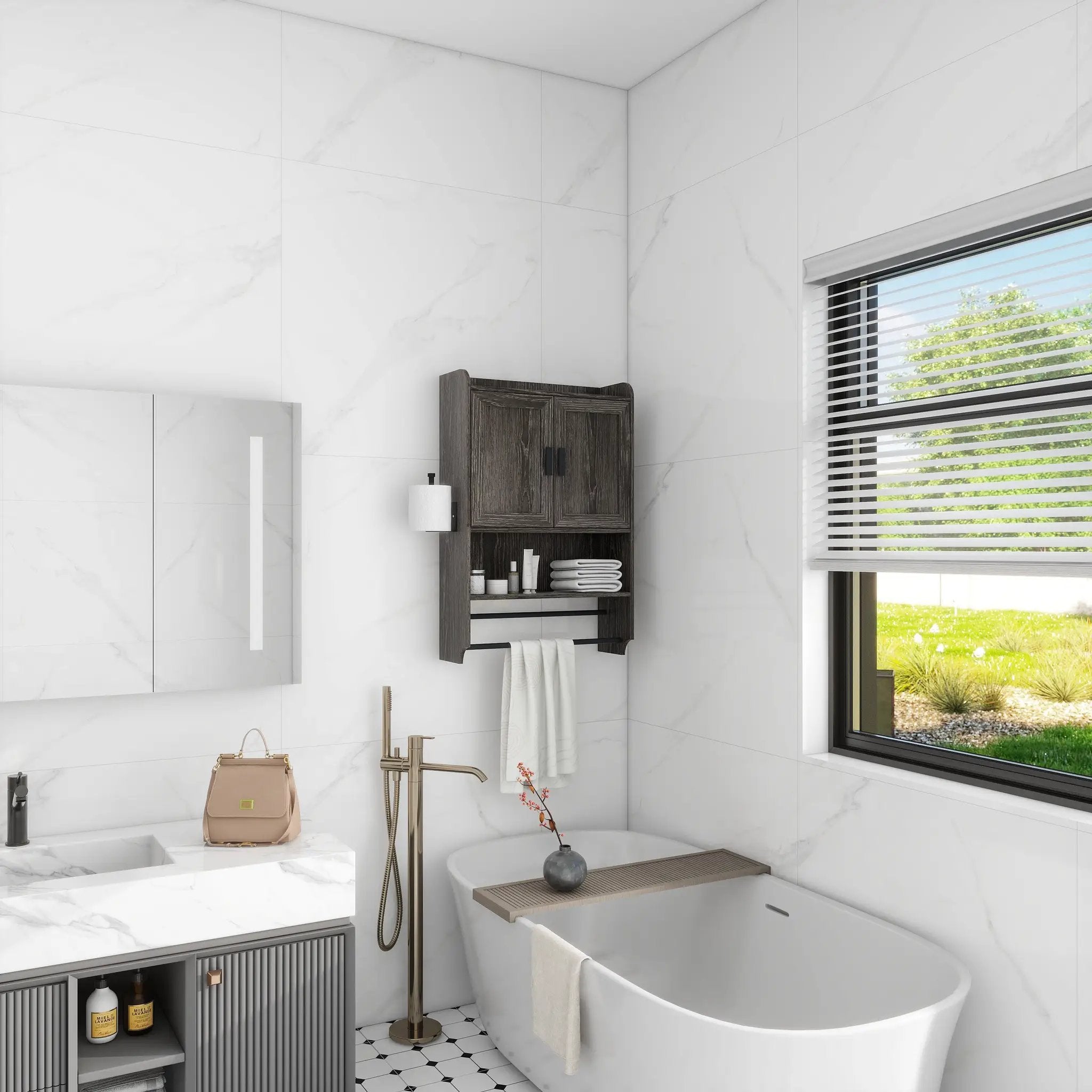 Bathroom Wall Cabinet with Doors, Adjustable Shelf, Towel Bar and Paper Holder by HouseOfZazla