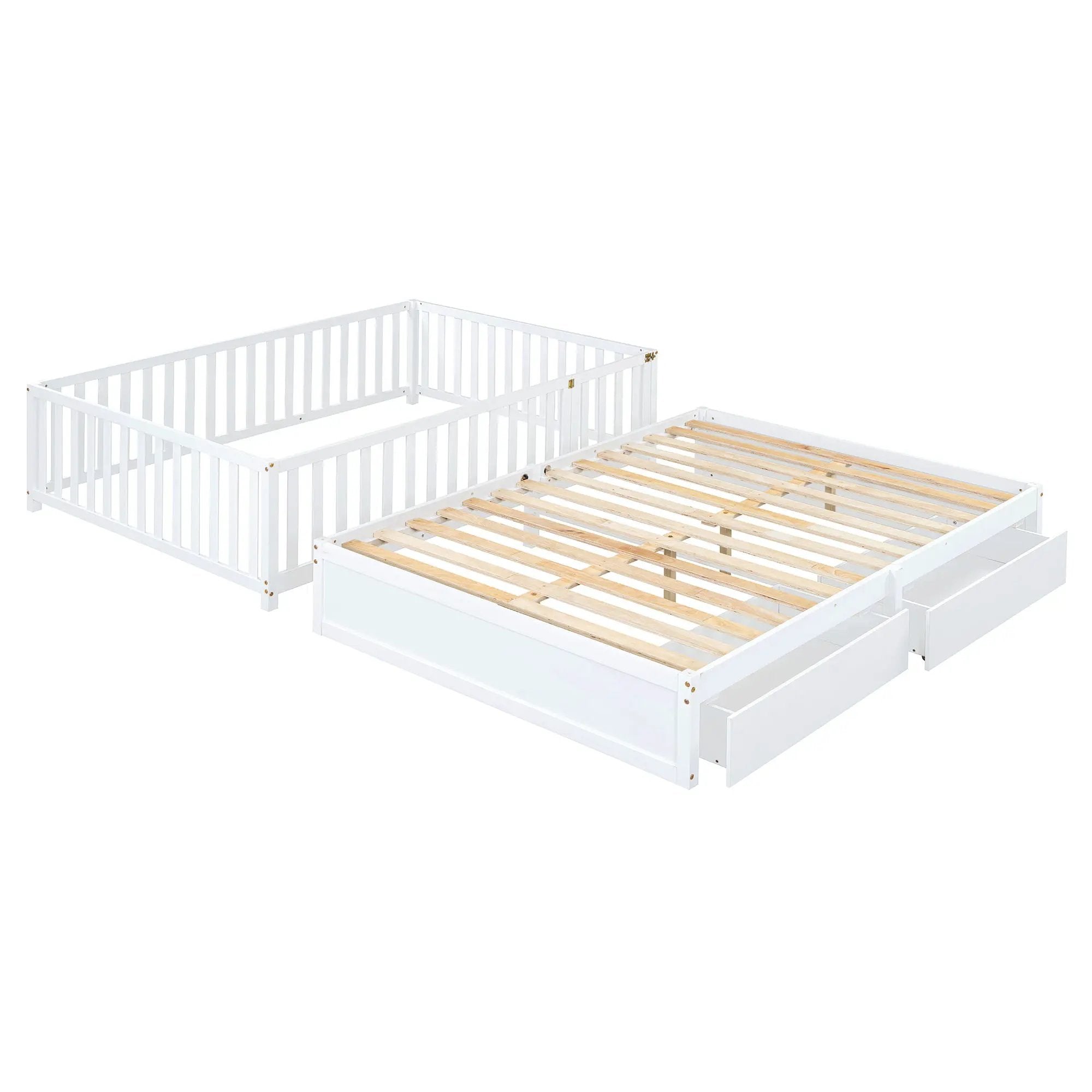 Daybed With Fence Guardrails And 2 Drawers, Split Into Independent Floor Bed & Daybed by HouseOfZazla