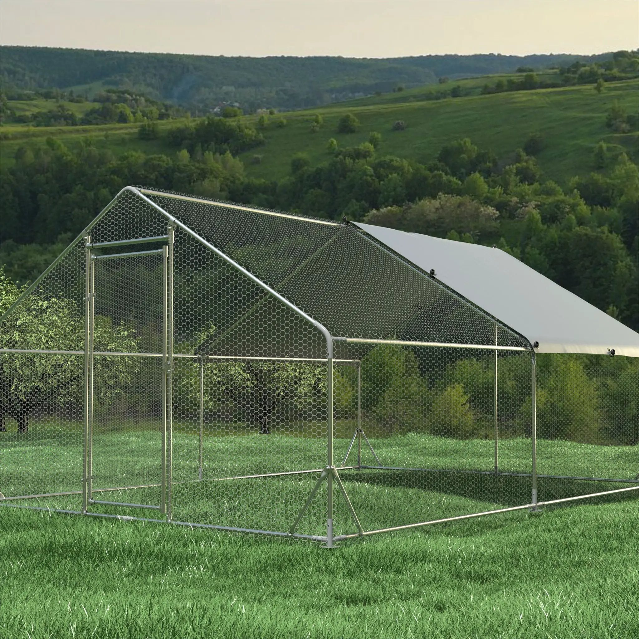 Large Metal Chicken Coop, Walk In Poultry Cage Hen Run House Rabbits Habitat Cage Spire Shaped Coop With Waterproof And Anti Ultraviolet Cover by HouseOfZazla