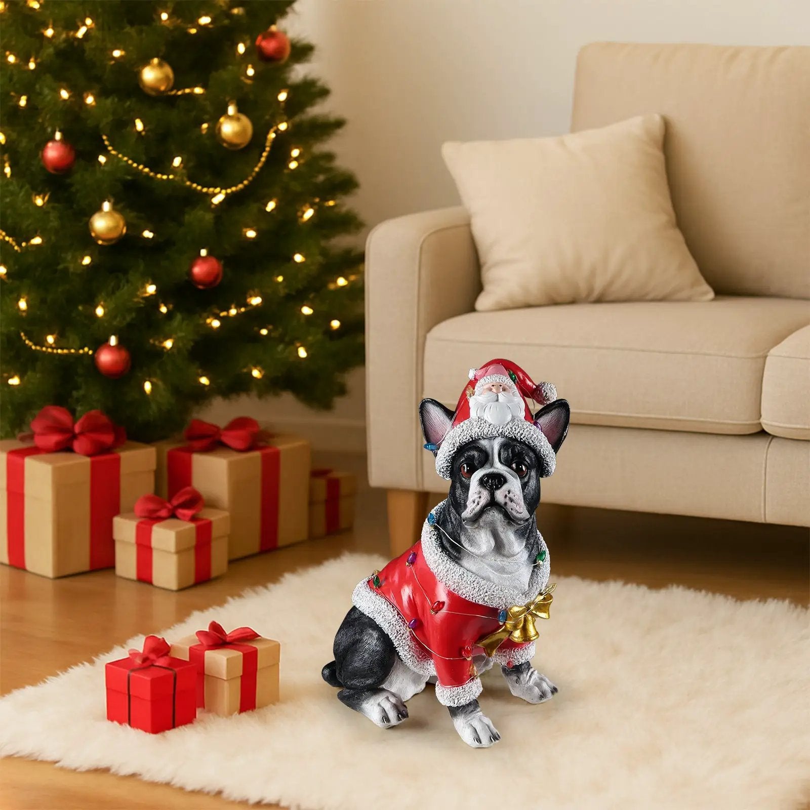 Christmas French Bulldog Statue, Holiday Dog Figurine in Santa Outfit by HouseOfZazla
