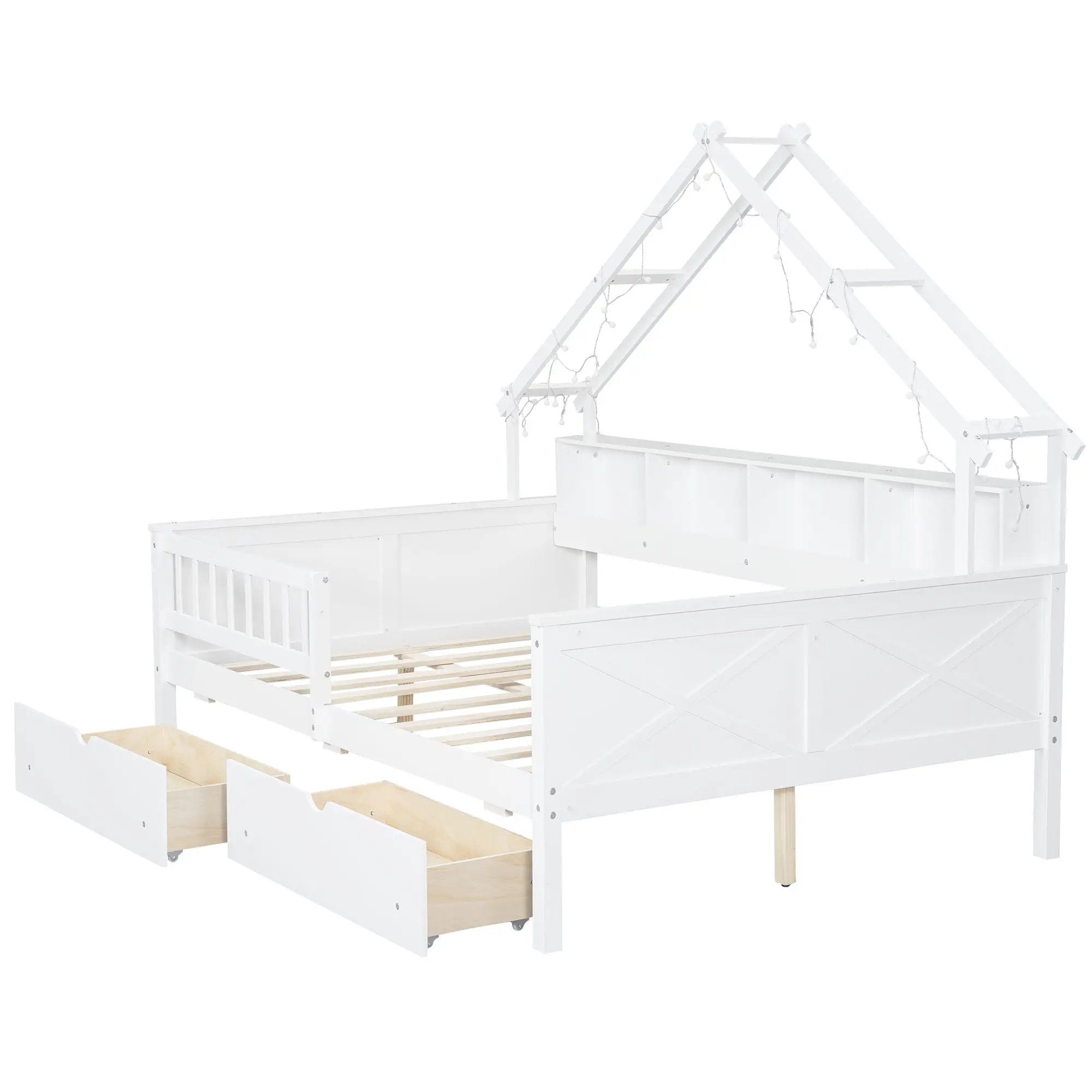 House Style Platform Bed With LED Lights, Storage Shelves, Drawers, And Guardrail by Unique Piece Furniture