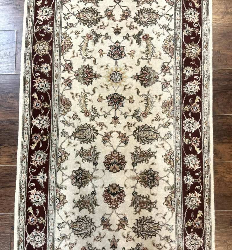 Pak Persian Runner Rug 2.8 x 8, Handmade Vintage Carpet, Beige and Maroon, Wool and Silk Highlights by Jewel Rugs