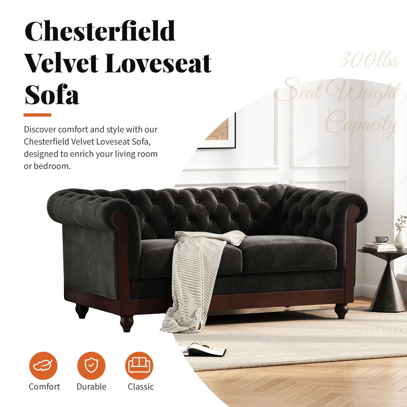 Chesterfield Loveseat Sofa, 2 Person Rolled Arm Upholstered Couch by HouseOfZazla