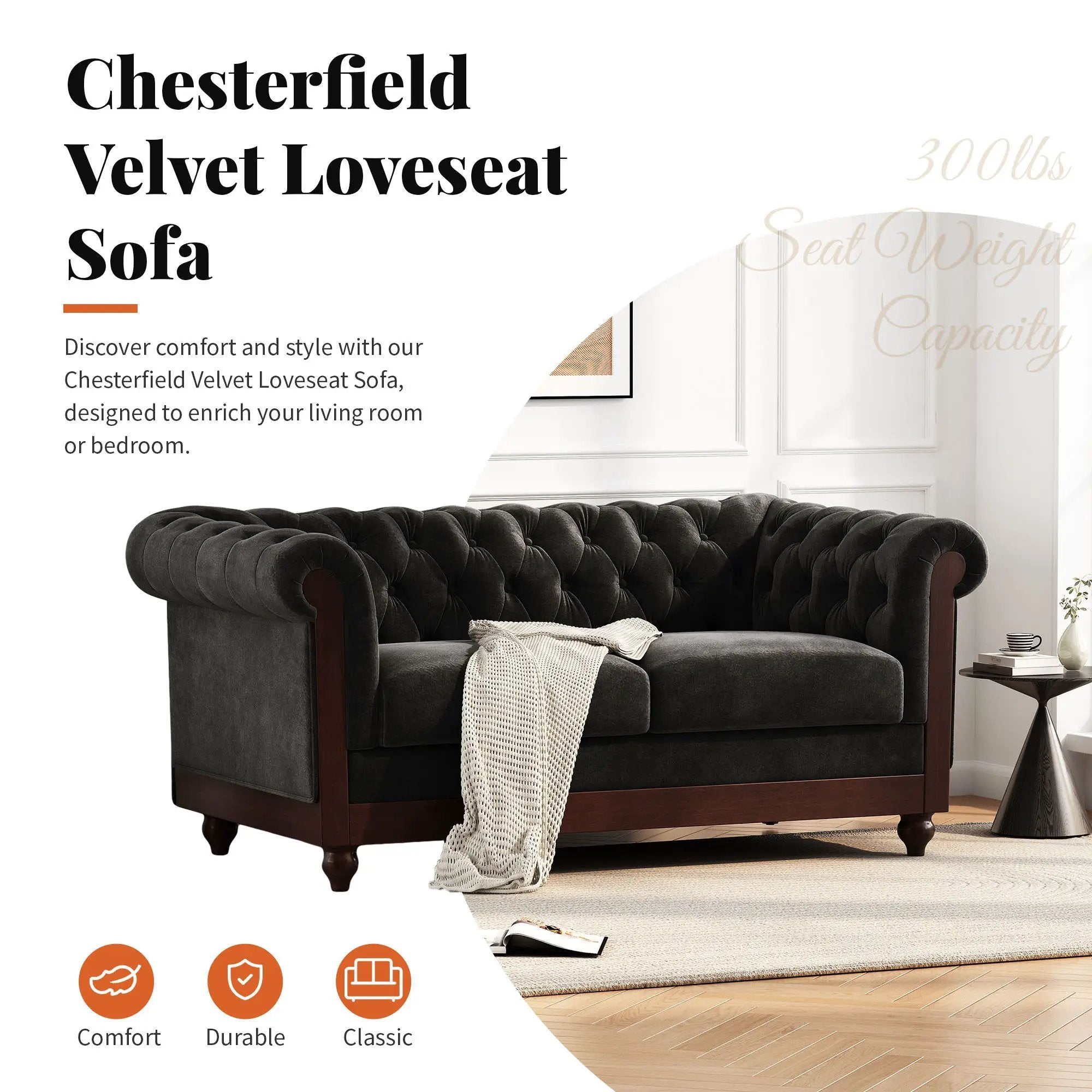 Chesterfield Loveseat Sofa, 2 Person Rolled Arm Upholstered Couch by HouseOfZazla
