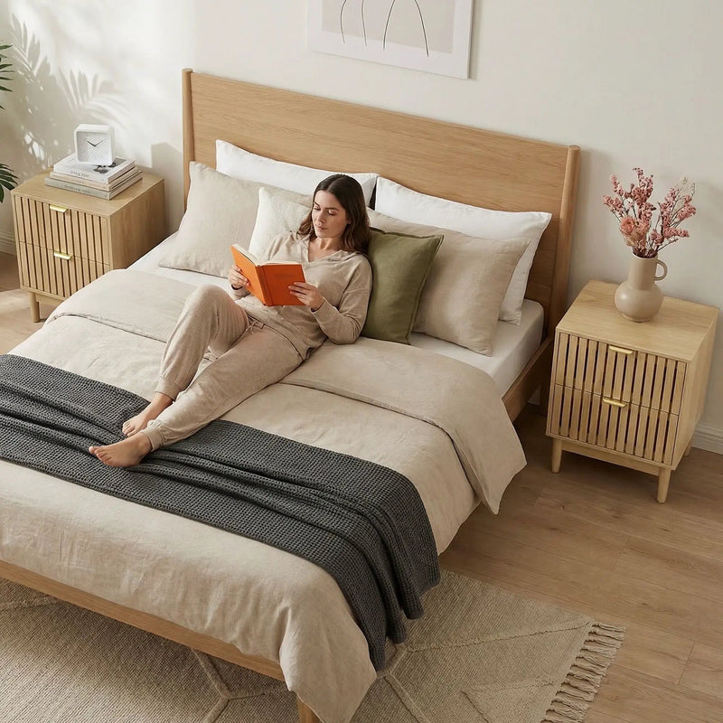 Bedside Table With Grille Design And 2 Drawers, Side Table For Bedroom - Oak by Unique Piece Furniture