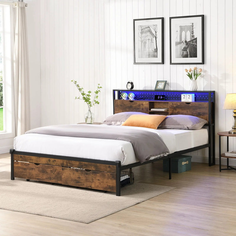 Modern Metal Platform Bed Frame With Wooden Headboard, USB Charging Station, Storage Drawers by Unique Piece Furniture