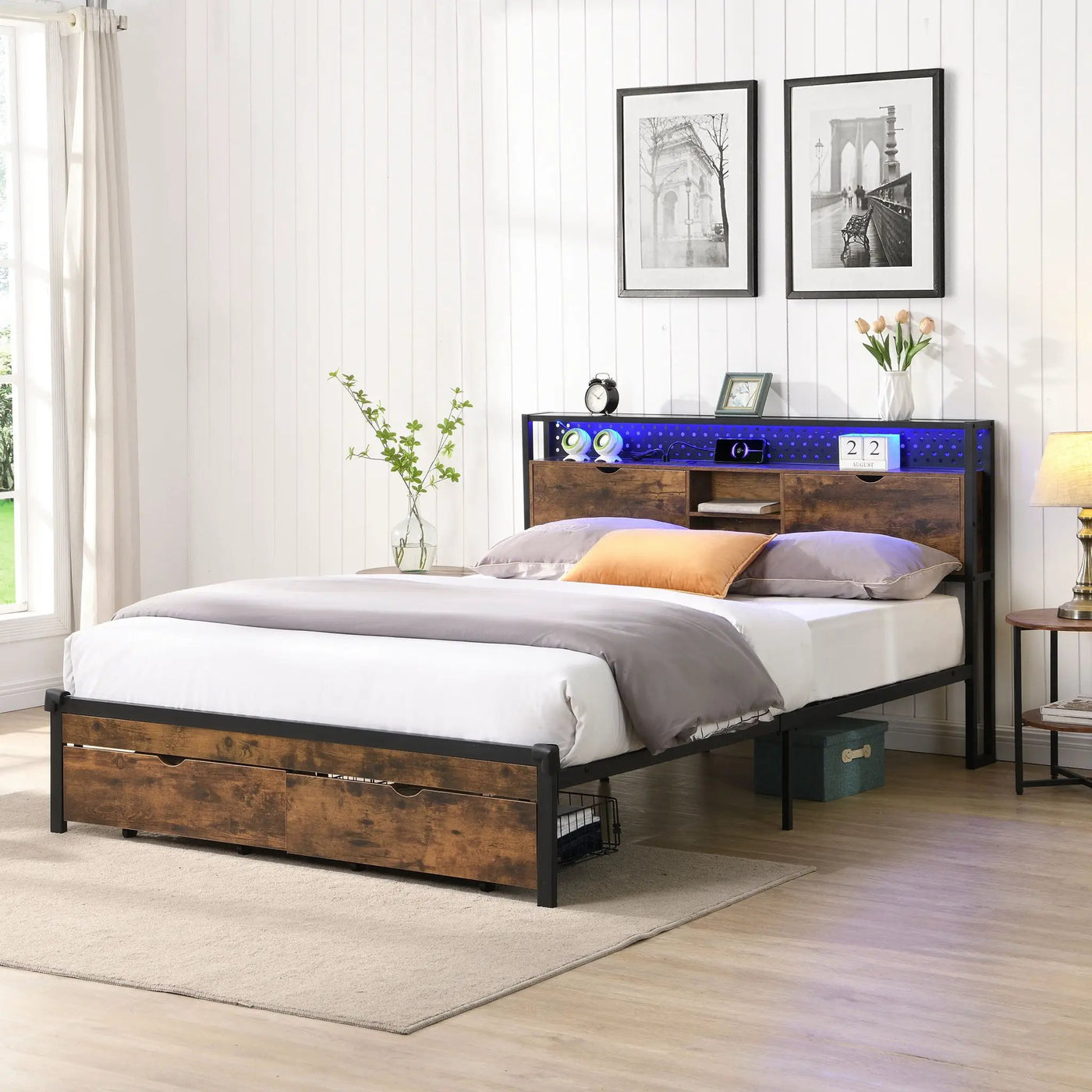 Modern Metal Platform Bed Frame With Wooden Headboard, USB Charging Station, Storage Drawers by Unique Piece Furniture