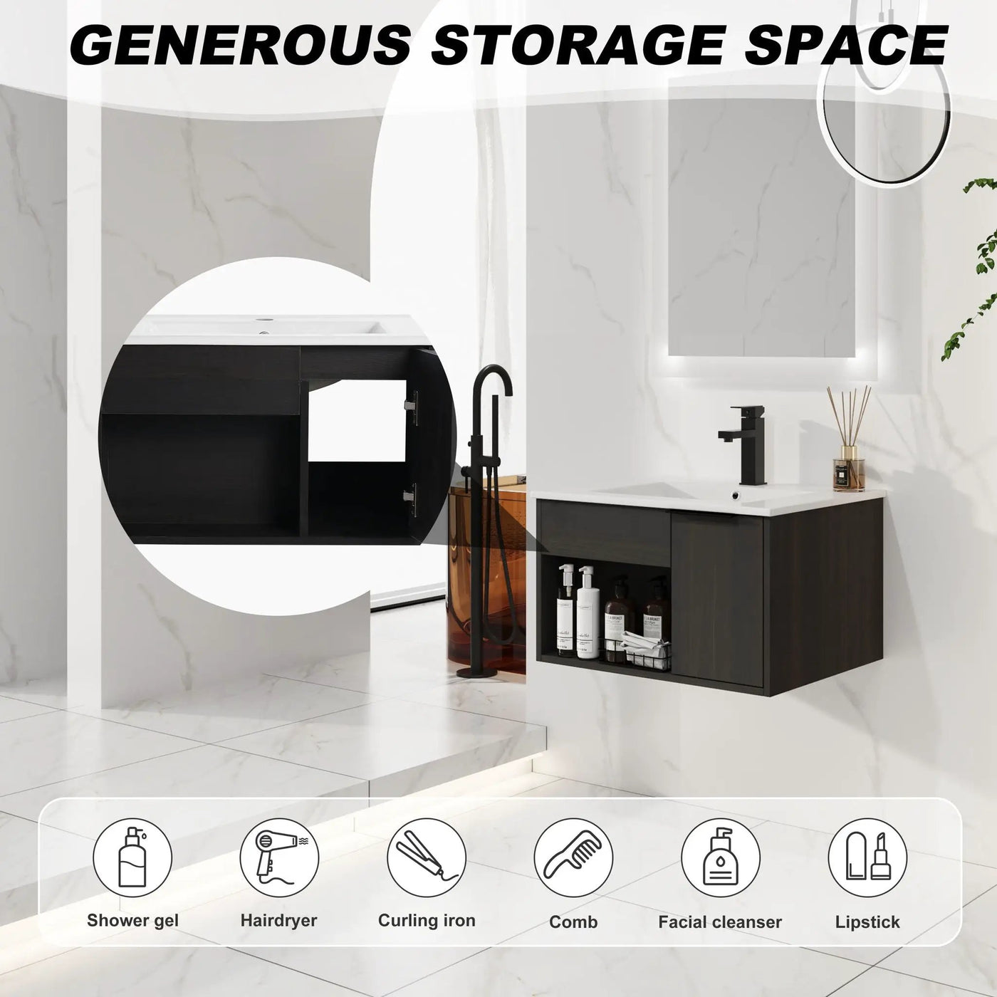 Wall Mounted Floating Bathroom Vanity With Open Shelf & Soft Close Door by HouseOfZazla