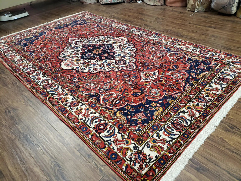 Semi Antique Persian Bakhtiari Rug, Hand-Knotted, Wool, Red, Midnight Blue, Ivory, Floral Medallion, 5'1" x 8' 6" by Jewel Rugs