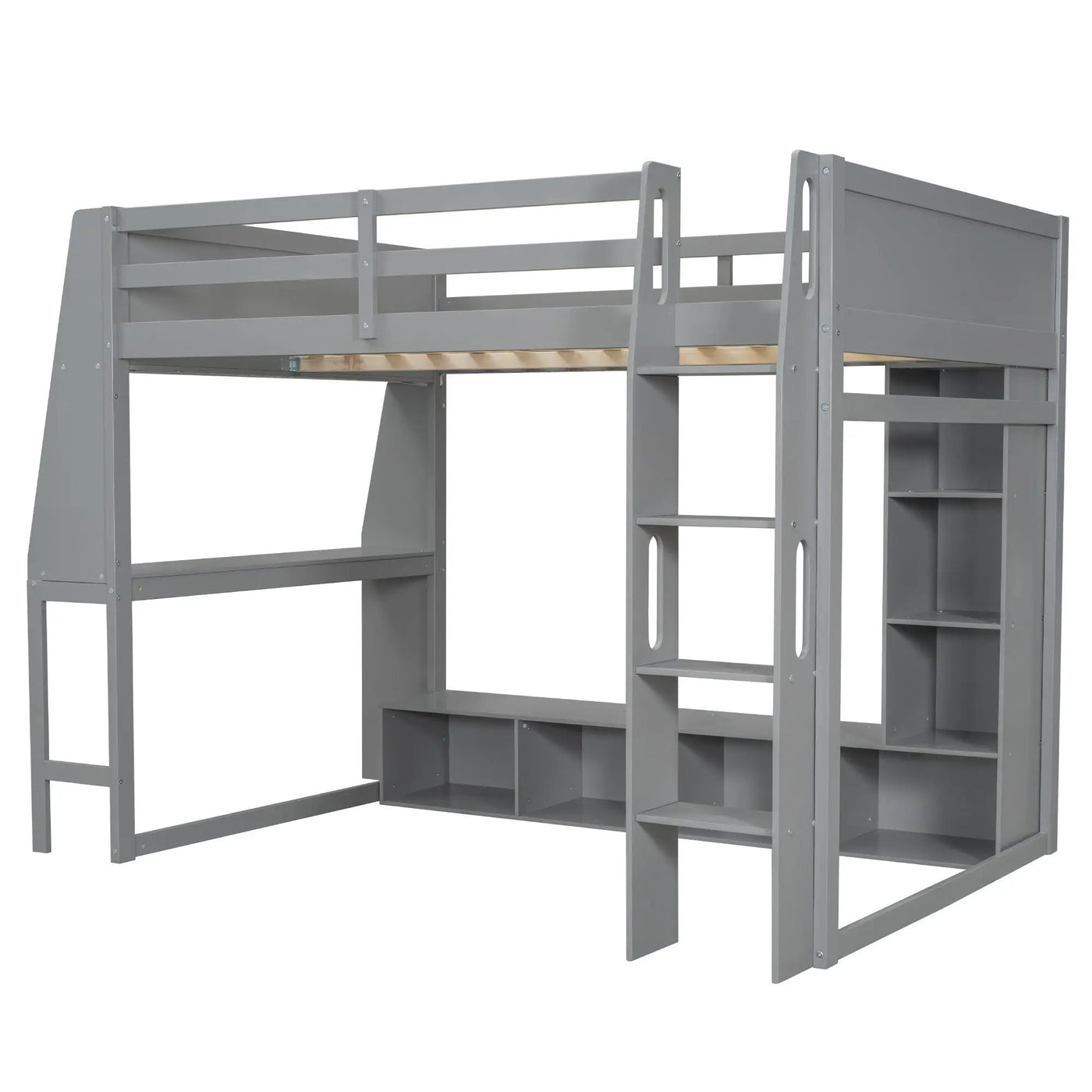 Gaming Loft Bed With Desk, Multi Storage Shelves, LED Lighting, And Hanging Clothes Rack by HouseOfZazla
