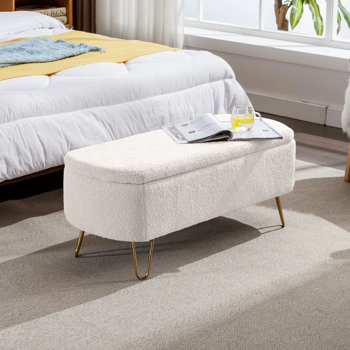 Storage Ottoman Bench For End Of Bed Legs, Modern Camel Faux Fur Entryway Bench Upholstered Padded With Storage For Living Room Bedroom by HouseOfZazla